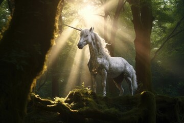 Obraz na płótnie Canvas A unicorn, Beautiful unicorn in a magical forest magic. Generative Ai