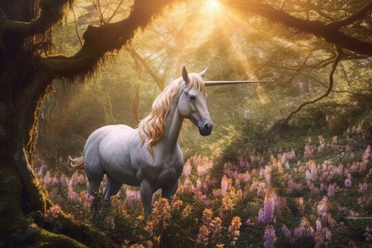 A unicorn, Beautiful unicorn in a magical forest magic. Generative Ai