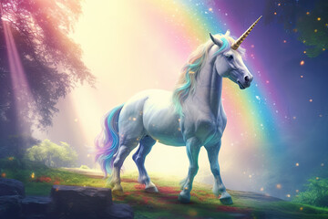 Obraz na płótnie Canvas Cute magical unicorn and raibow. Cartoon. Generative Ai