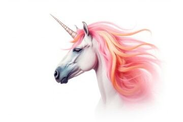 Obraz na płótnie Canvas Pink unicorn head with rainbow mane and horn isolated on white background. Generative Ai