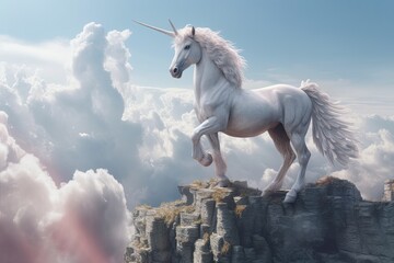 Obraz na płótnie Canvas A unicorn, White pegasus unicorn in a cliff high above the clouds. Generative Ai