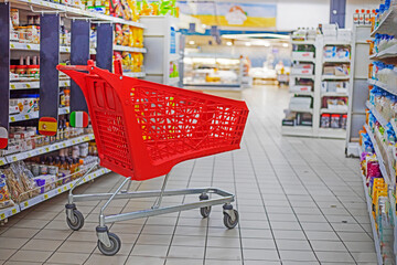 empty red cart in the mall with groceries. Buying products