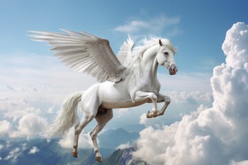 Obraz na płótnie Canvas A unicorn, Majestic Pegasus horse flying high above the clouds. Flight of the Pegasus. Generative Ai