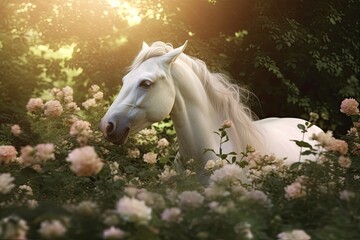 Obraz na płótnie Canvas A unicorn, White Unicorn running in dreams flowers. Generative Ai
