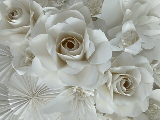 close up shot of a handmade big white paper rose’s bouquet in full frame