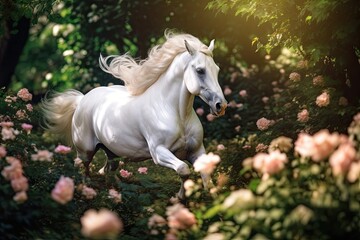 Obraz na płótnie Canvas A unicorn, White Unicorn running in dreams flowers. Generative Ai