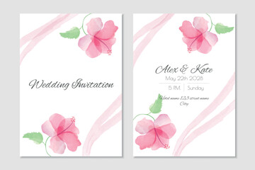 Vector watercolor wedding invitation template with pink hibiscuses - 620045552