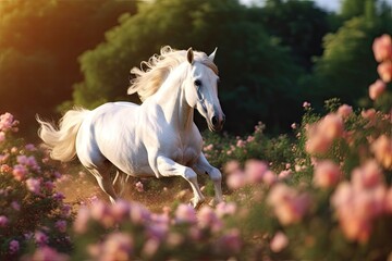 A unicorn, White Unicorn running in dreams flowers. Generative Ai