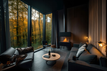 The interior of a modern living room designed with a minimalist style, leather armchair with table on dark wall and wood floor Interior surrounded with forest