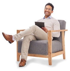 Clipboard, happy and portrait of male therapist on chair with therapy notes and medical checklist. Psychology, smile and young man psychologist on armchair isolated by a transparent png background. - obrazy, fototapety, plakaty