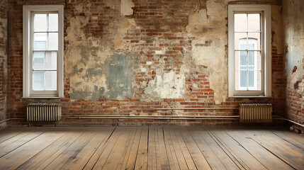 Rustic Elegance: Empty Room Old Wall with a Loft Feel, Large Windows and Wood Floor, Generative AI