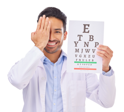Man, doctor and eye exam chart with vision, optometry and assessment isolated on png transparent background. Male person, ophthalmology and health for eyes, expert optician and eyecare with wellness