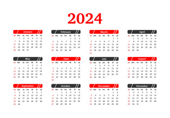 Calendar for 2024 isolated on a white background