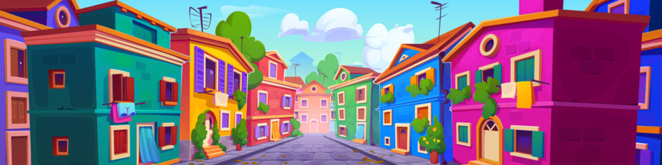 Old Italian town street with colorful houses. Vector cartoon illustration of traditional European street perspective with stone paved road, laundry on balconies decorated with flowers, sunny day © klyaksun