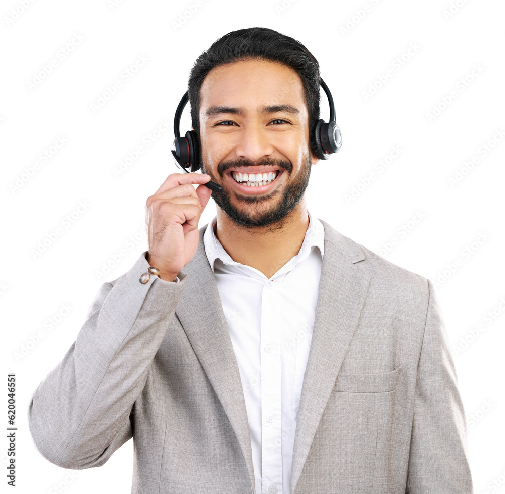 Sticker Call center, man with smile and headset, customer service job with CRM and contact us isolated on transparent png background. Portrait, male consultant in tech support and help desk for telemarketing