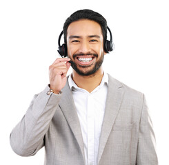 Call center, man with smile and headset, customer service job with CRM and contact us isolated on...