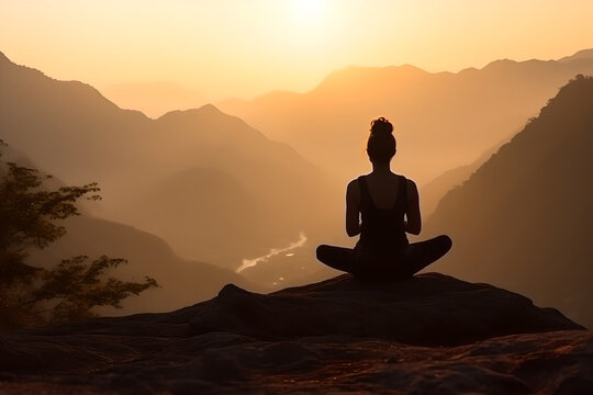Silhouette of woman doing yoga exercise on the mountain during sunset. Concept of yoga, fitness and a healthy lifestyle.