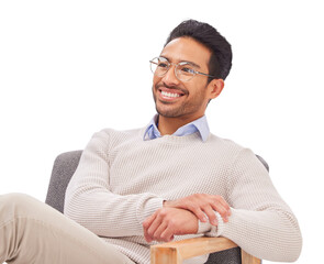 Psychologist thinking, mental health and man with smile in therapy and listening isolated on...