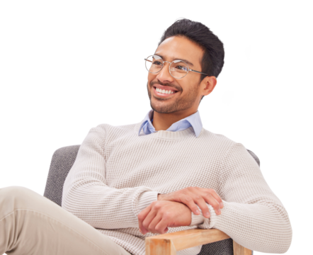 Psychologist thinking, mental health and man with smile in therapy and listening isolated on transparent png background. Therapist, counseling and happy worker in psychology consultation on a chair