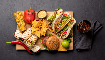 Mexican food featuring tacos, burritos, nachos, burgers