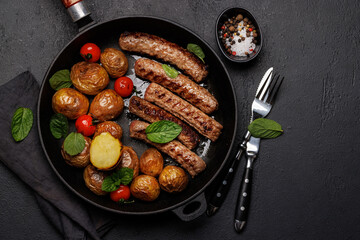 Delicious grilled sausages and potatoes in a sizzling frying pan