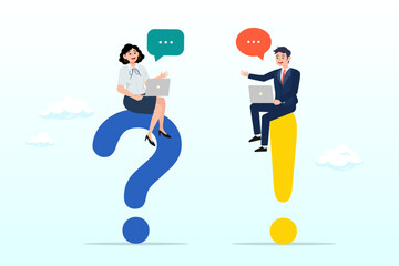 Businessman and woman ask and answer questions, Question and answer, Q&A session, FAQ, frequently asked questions, discussion to get solution to solve problem, brainstorm conversation or quiz (Vector)