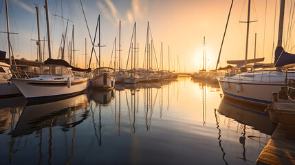 Rows of neatly docked boats reflecting on the calm water. Early morning scene at marina - obrazy, fototapety, plakaty