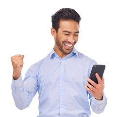 Winner, success and business man on a phone isolated on transparent png background in finance celebration or yes. Excited, news and asian person on mobile for financial bonus, winning profit or sales