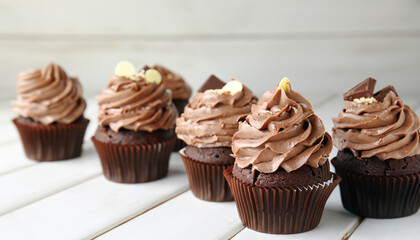 Tasty chocolate cupcakes on white wooden table
