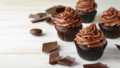 Tasty chocolate cupcakes on white wooden table