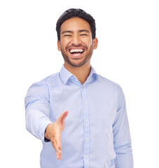 Portrait, smile and business man with handshake, deal or offer on isolated, transparent or png...