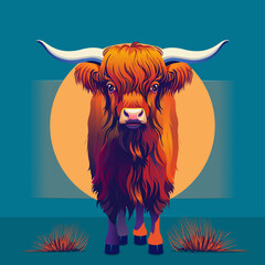 Illustration of a highland cow in cartoon style on the tortoise background 