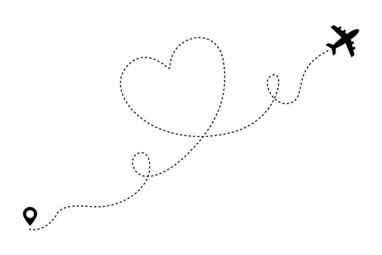 Love airplane route. Heart shaped dash line trace with flight routes, plane path romantic travel concept. Vector illustration