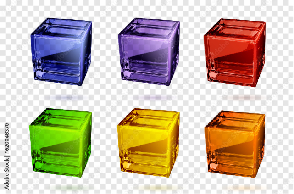 Wall mural realistic set of 3d glass cubes in different colors isolated on transparent background. vector illus