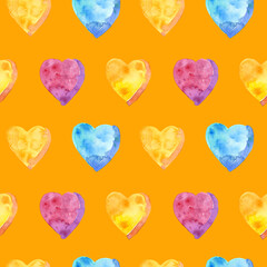 Seamless pattern of watercolor pink, yellow and blue hearts. Hand drawn illustration. Hand painted elements on orange background.