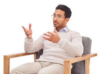 Therapist, chair and mental health, man in counselling and listen, isolated on transparent png...