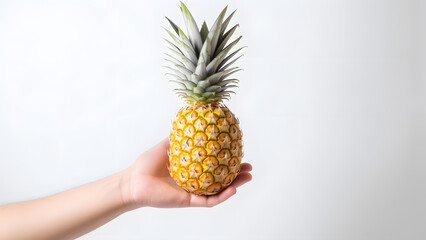fingers holding small pineapple with yellow highlights against a white wall