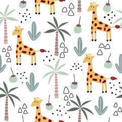 Seamless giraffe pattern with giraffe, coconut tree, grass, cactus, abstract triangles. Black dots on a white background.Use for wallpaper, textiles, children's shirts and prints.