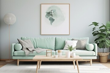 Scandinavian living room with design mint sofa. Generative ai. 