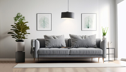 Interior of light living room with grey sofa, standard lamp and houseplant