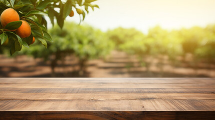 An empty wooden table with free space on an orange tree and an orange field background. For product display montage, Generative AI	