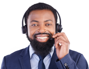 Portrait, call center and black man with a smile, telemarketing and customer service agent isolated on a transparent background. Face, male person and consultant with happiness, contact us and png