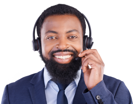 Portrait, call center and black man with a smile, telemarketing and customer service agent isolated on a transparent background. Face, male person and consultant with happiness, contact us and png