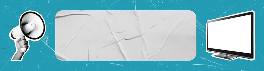 Art collage, megaphone, and TV on blue background with copy spaces.