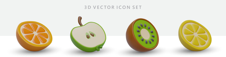 Set of 3D fruit icons in cartoon style. Ripe fruits, cut in half. Collection of natural vitamin products. Isolated vector orange, apple, kiwi, lemon. Game icons. Color images with shadows