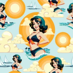 Keuken foto achterwand Draw Girl Pin Up Summer Beauty Beach Life Retro Pop Art Vector Seamless Repeat Pattern Design
