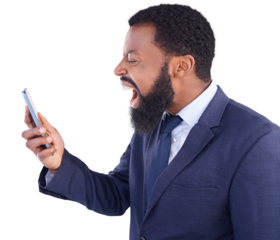 Stress, screaming and phone call by angry business man on isolated, transparent and png background. Shouting, anxiety and African male frustrated by phishing, scam or fake news, 404 or glitch fail