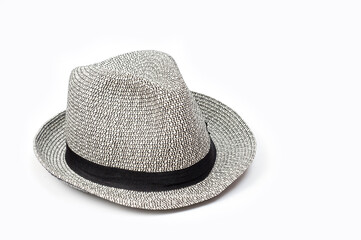 Light gray brim hat with black band, unisex, white background.