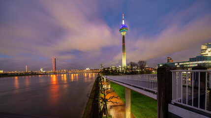 Tv Tower on the Rhine in Dusseldorf at night, Germany