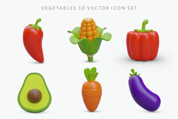 Set of 3D vegetable icons. Colored vector elements with shadows. Chili, corn, paprika, avocado, carrot, eggplant. Objects for illustrating educational apps, culinary sites, vegetarian resources